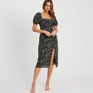 CALLI Dark Green Floral Puff Sleeve Midi‎ Dress Size 8